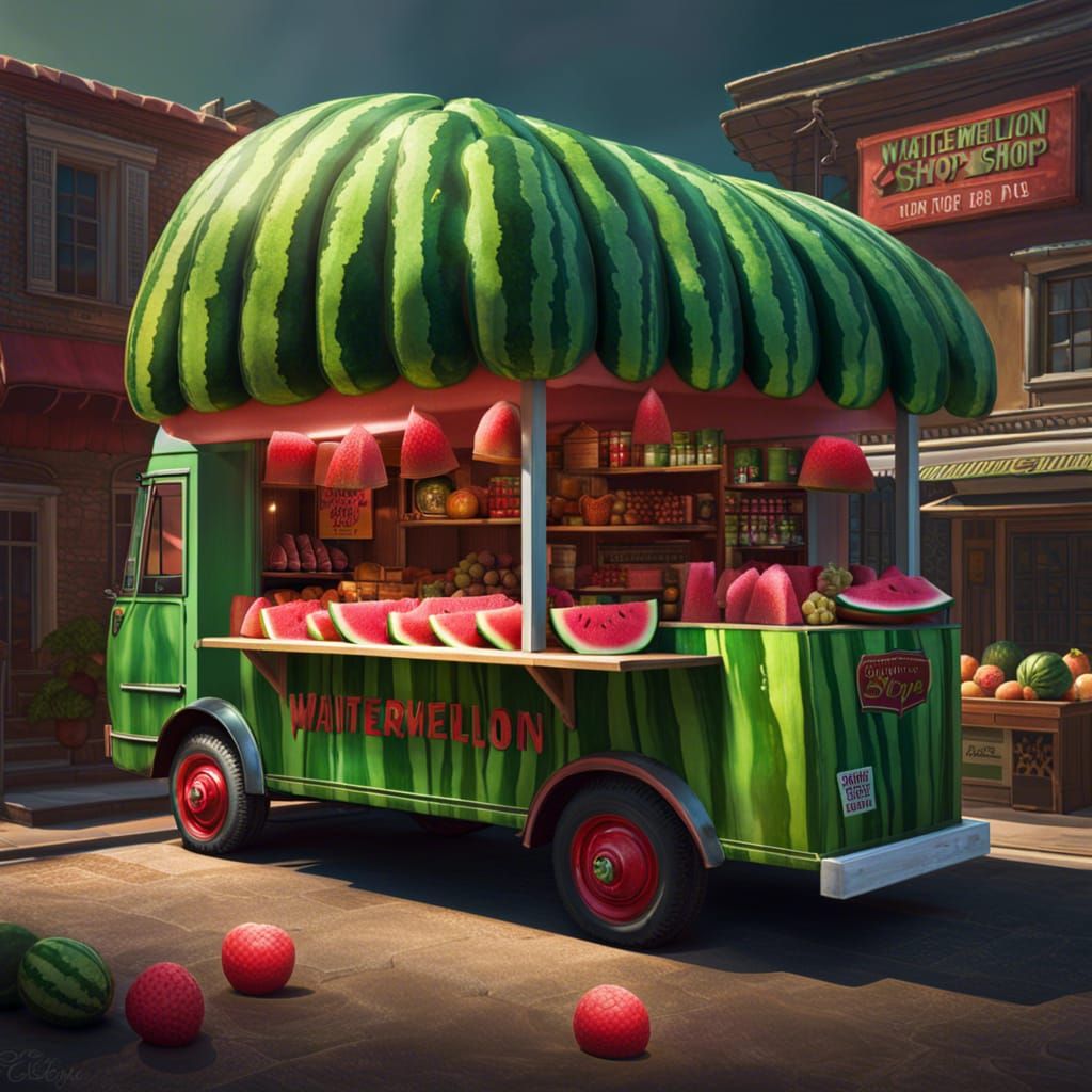 Hyperrealistic Floating Watermelon Shop Truck in Fruit City