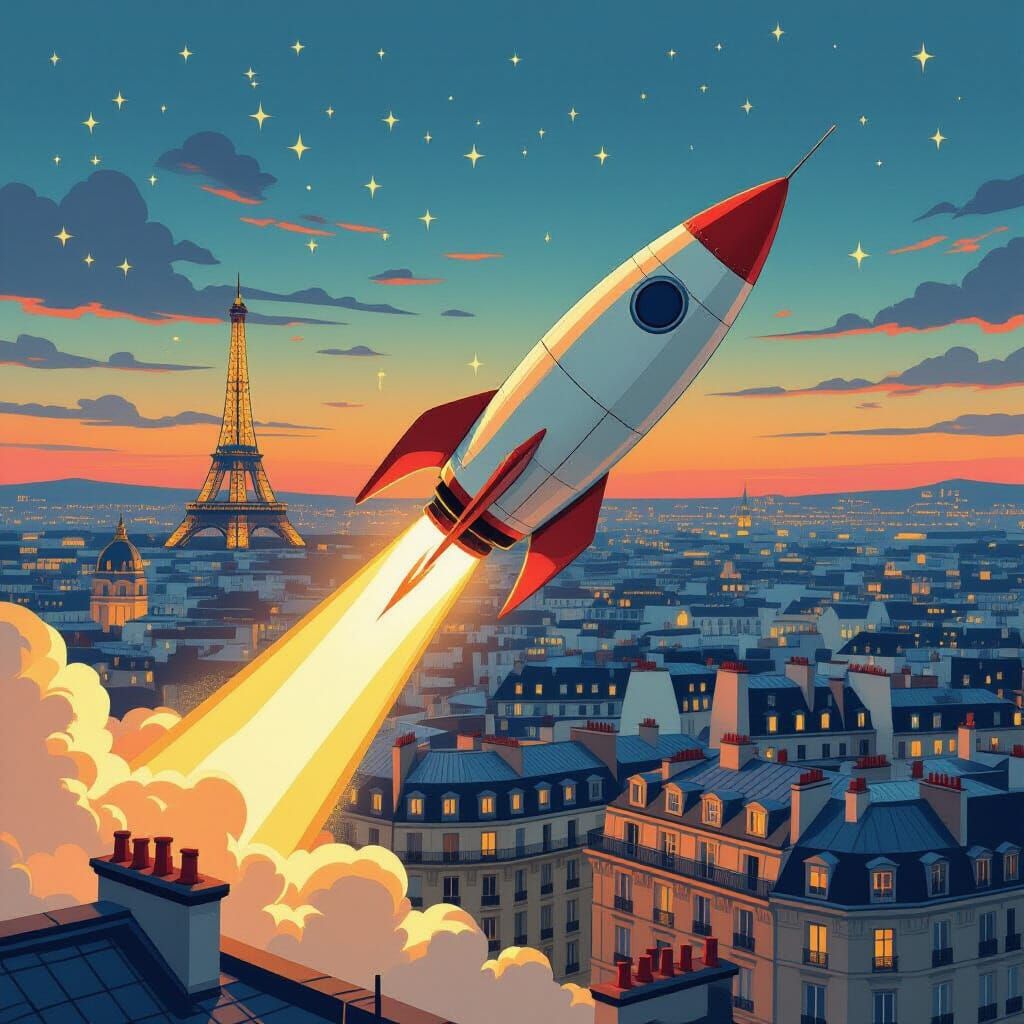 Vintage Rocket Blasts Off Paris Rooftop at Twilight