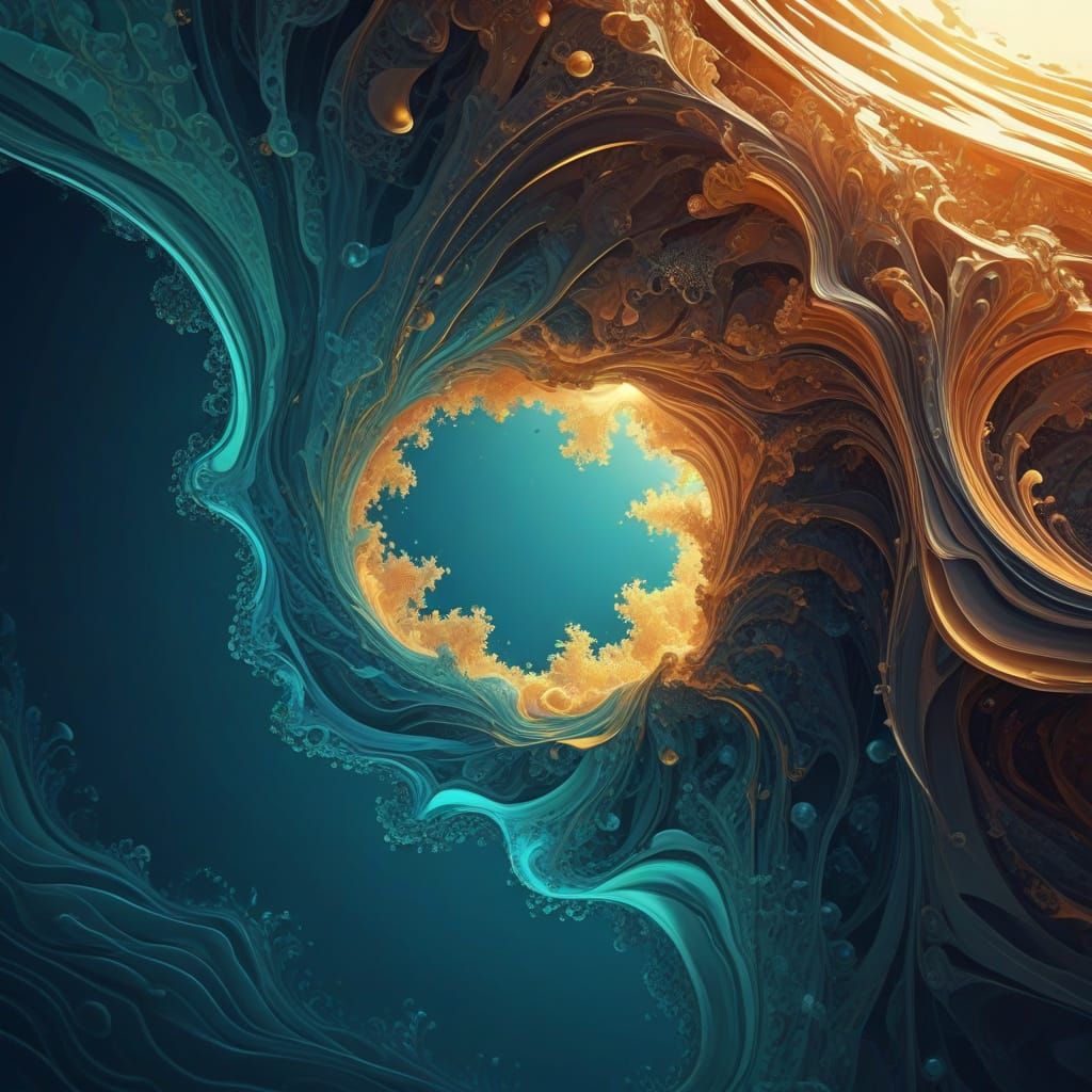 Sunken Galaxy in Golden Hour Sea, Abstract Fractal Art