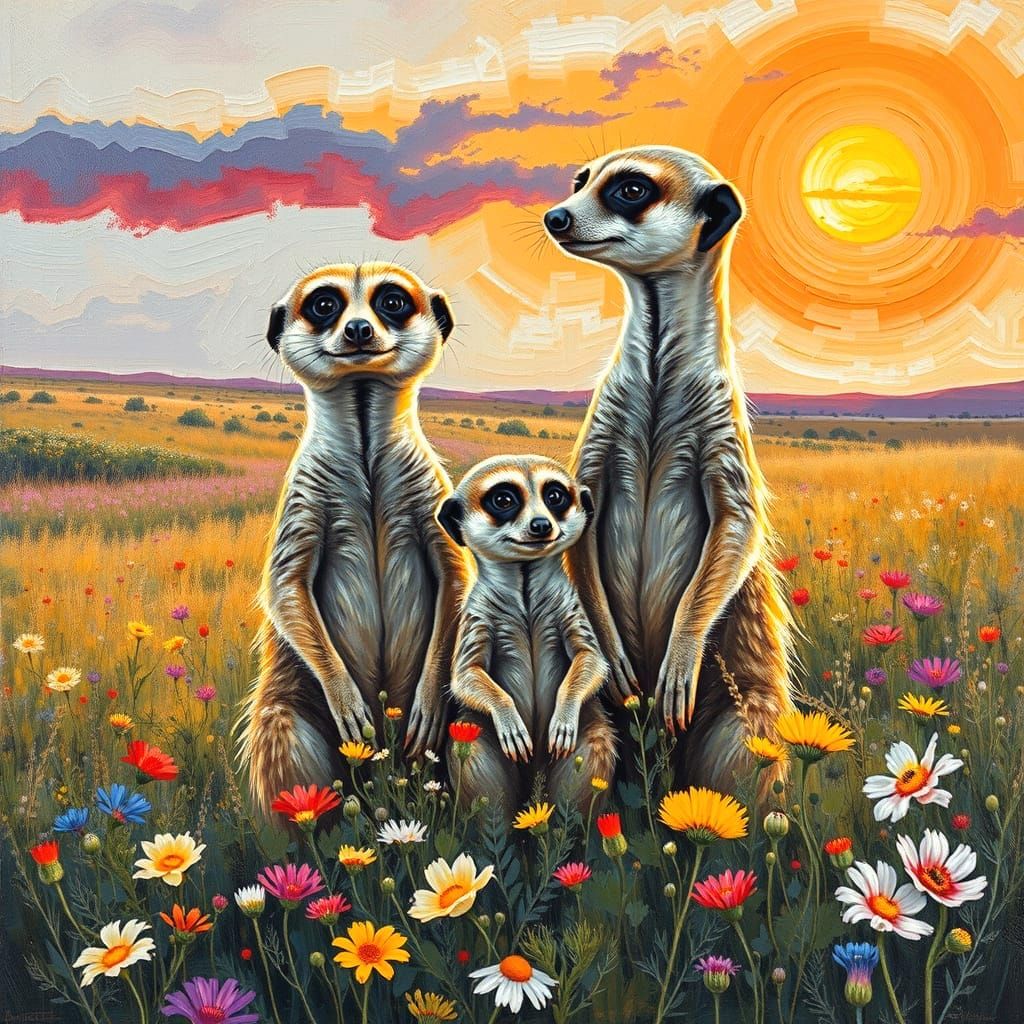Meerkat Family in African Prairie Oil Painting