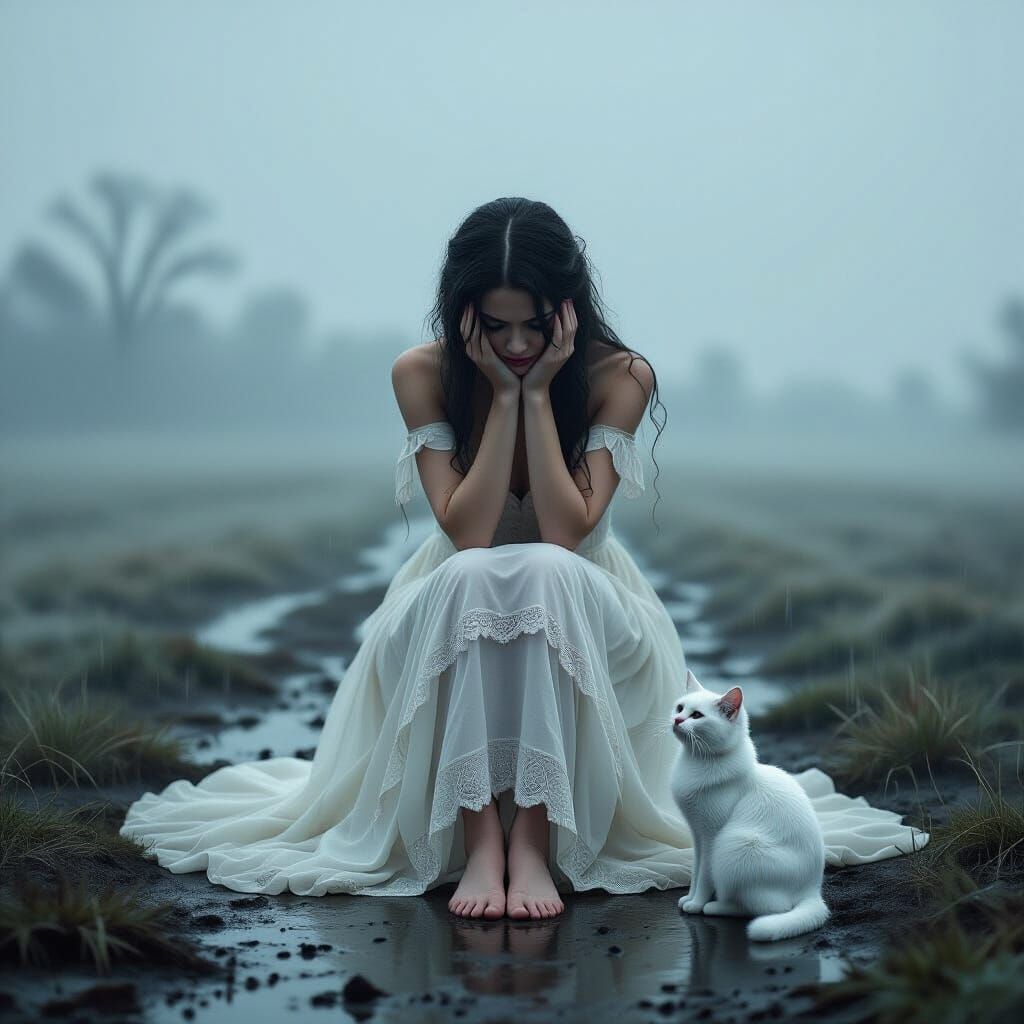 Ethereal Ballerina's Sorrowful Dance in the Rain