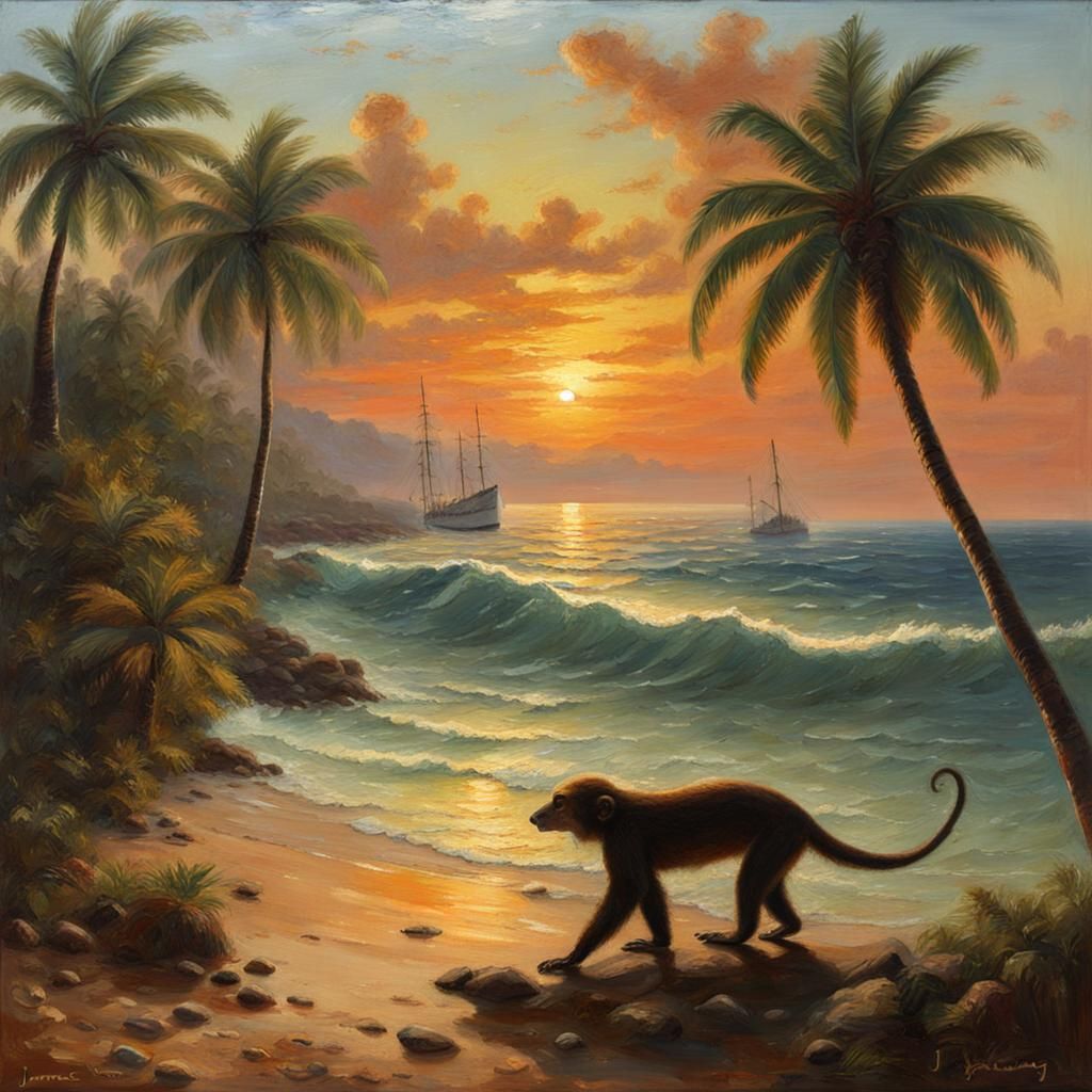 Tropical Beach Sunset: Oil Painting of Paradise