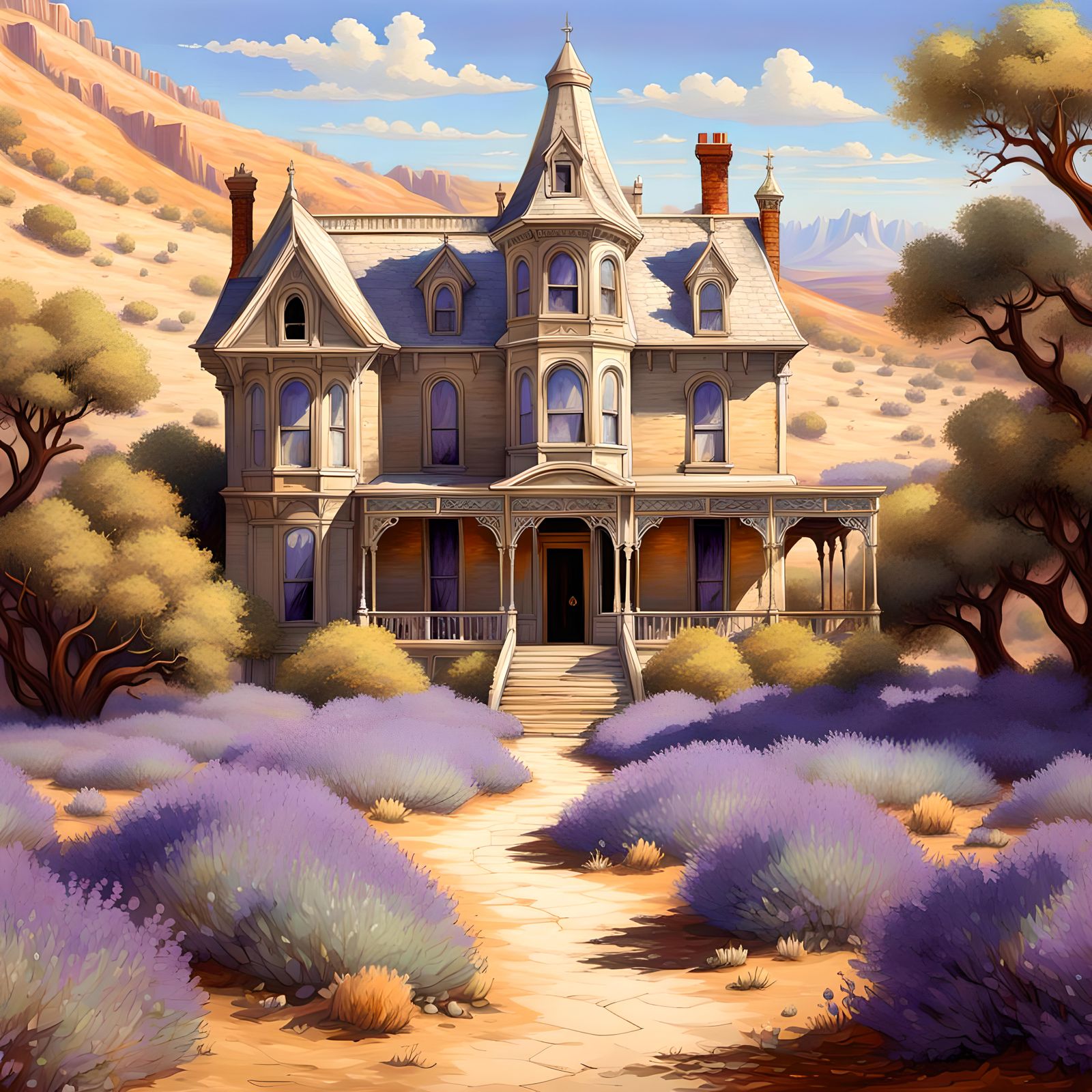 Addams Family Mansion in Desert, Impressionist Style