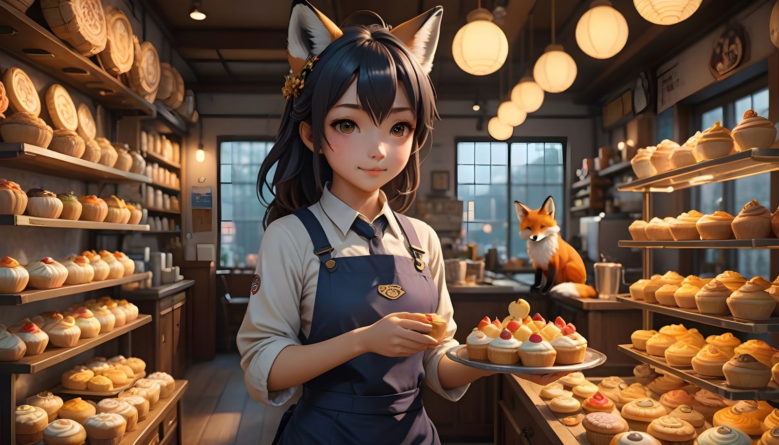 Magical Fox Baker in Vibrant Morning Coffeeshop