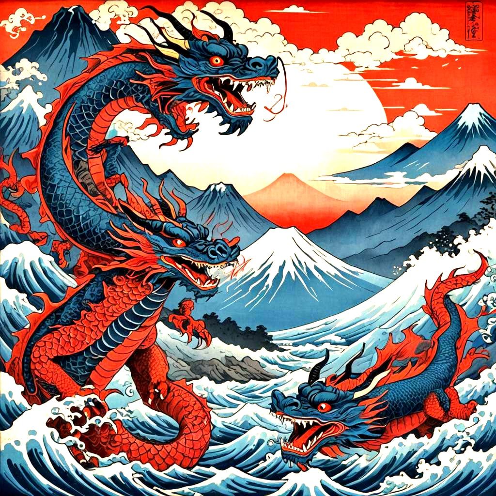 Dragons Encircling Mt. Fuji in Ukiyo-e Style