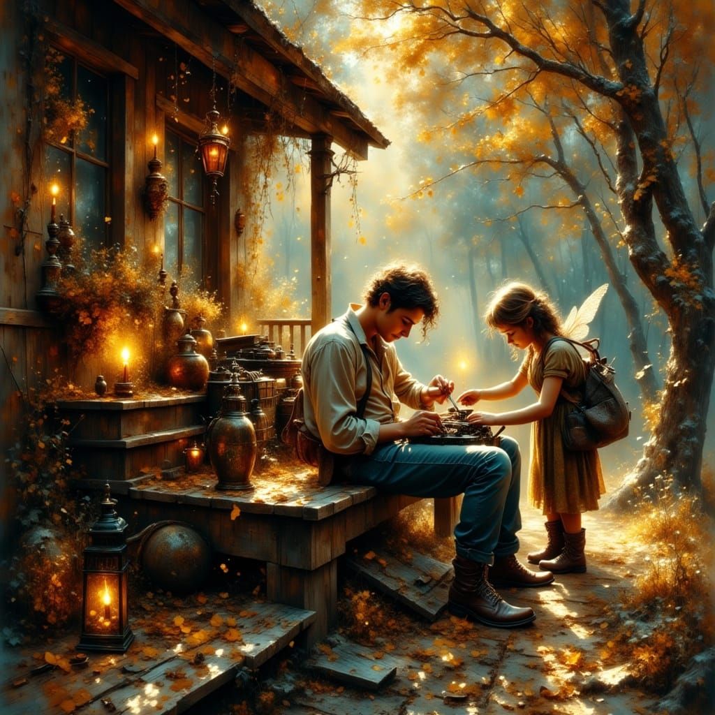 Magical Fairy Repairs Car on Rustic Porch