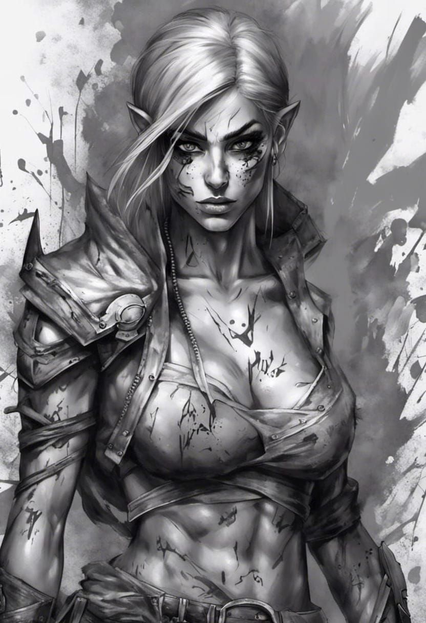 Monochrome Elf Assassin in Graffiti Art Style