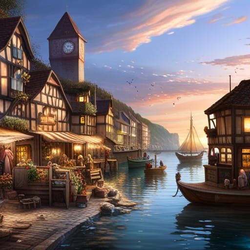 Vibrant Harbourside Scene in Detailed Matte Painting