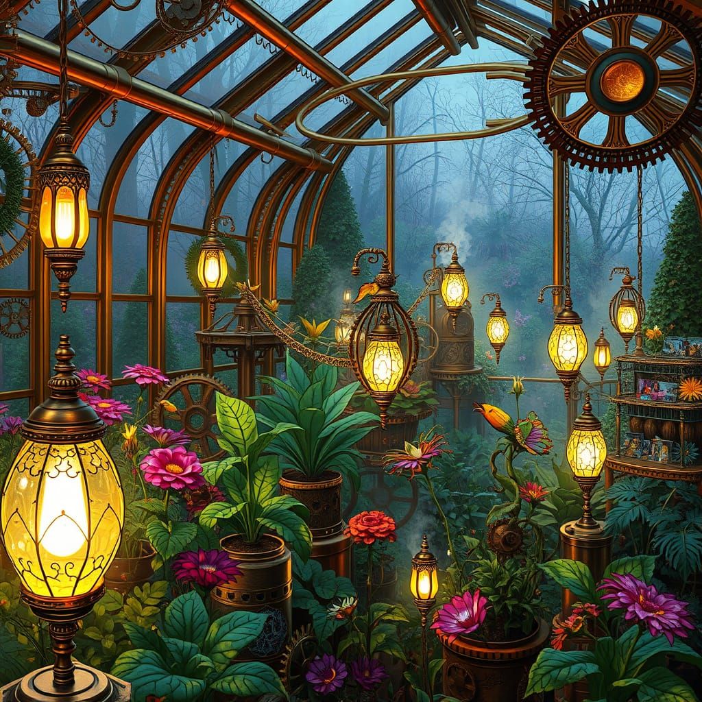 Steampunk Botanical Garden with Stained Glass Plants