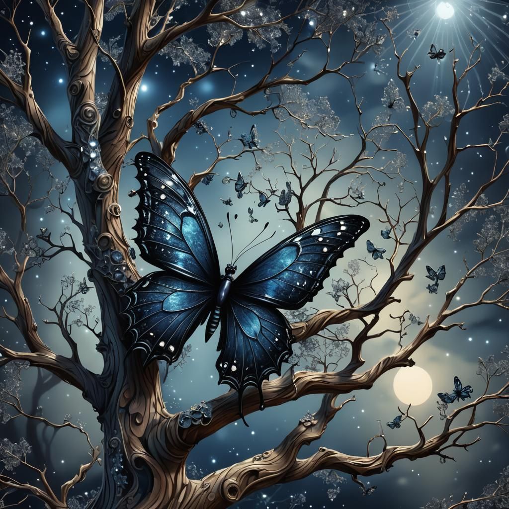 Gothic Butterfly with Velvet Wings on Old Tree