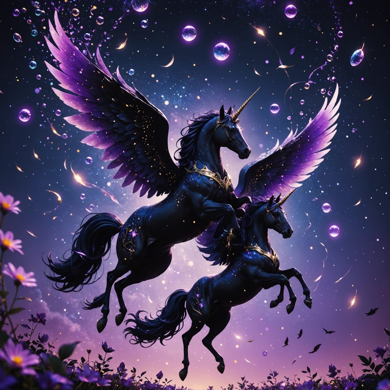 Mystical Black Alicorns Soar Through a Vibrant Night Sky