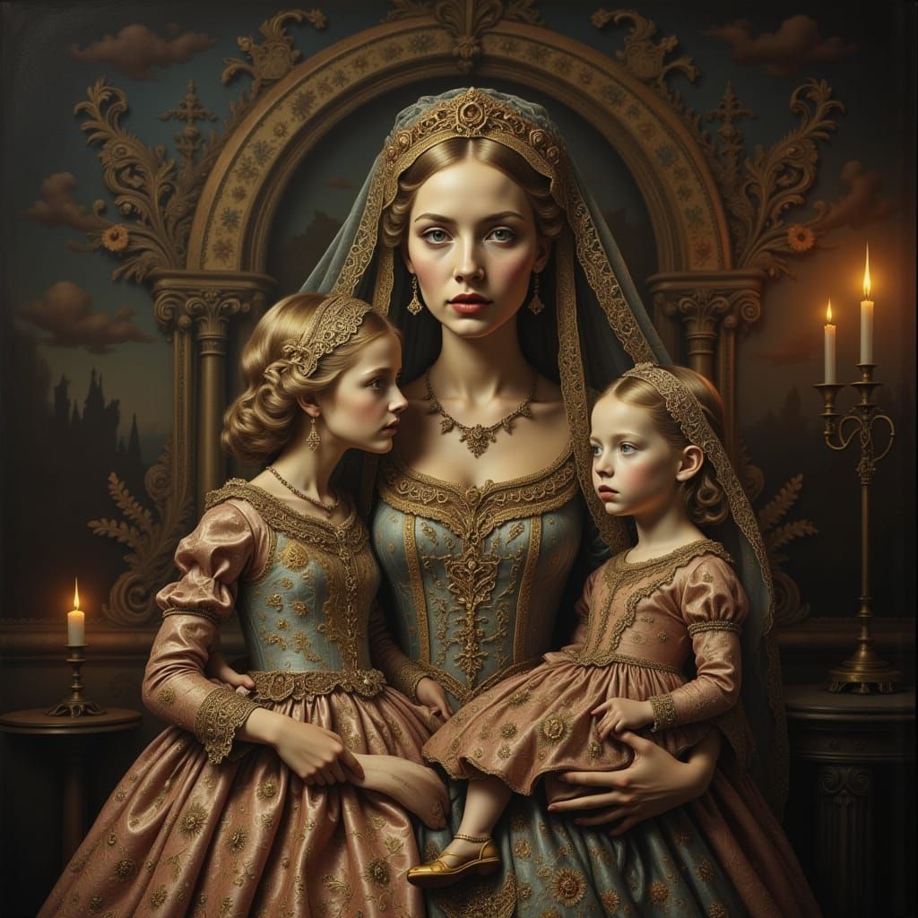 Mother and Children in Candlelit Parlor, Old Painting Style