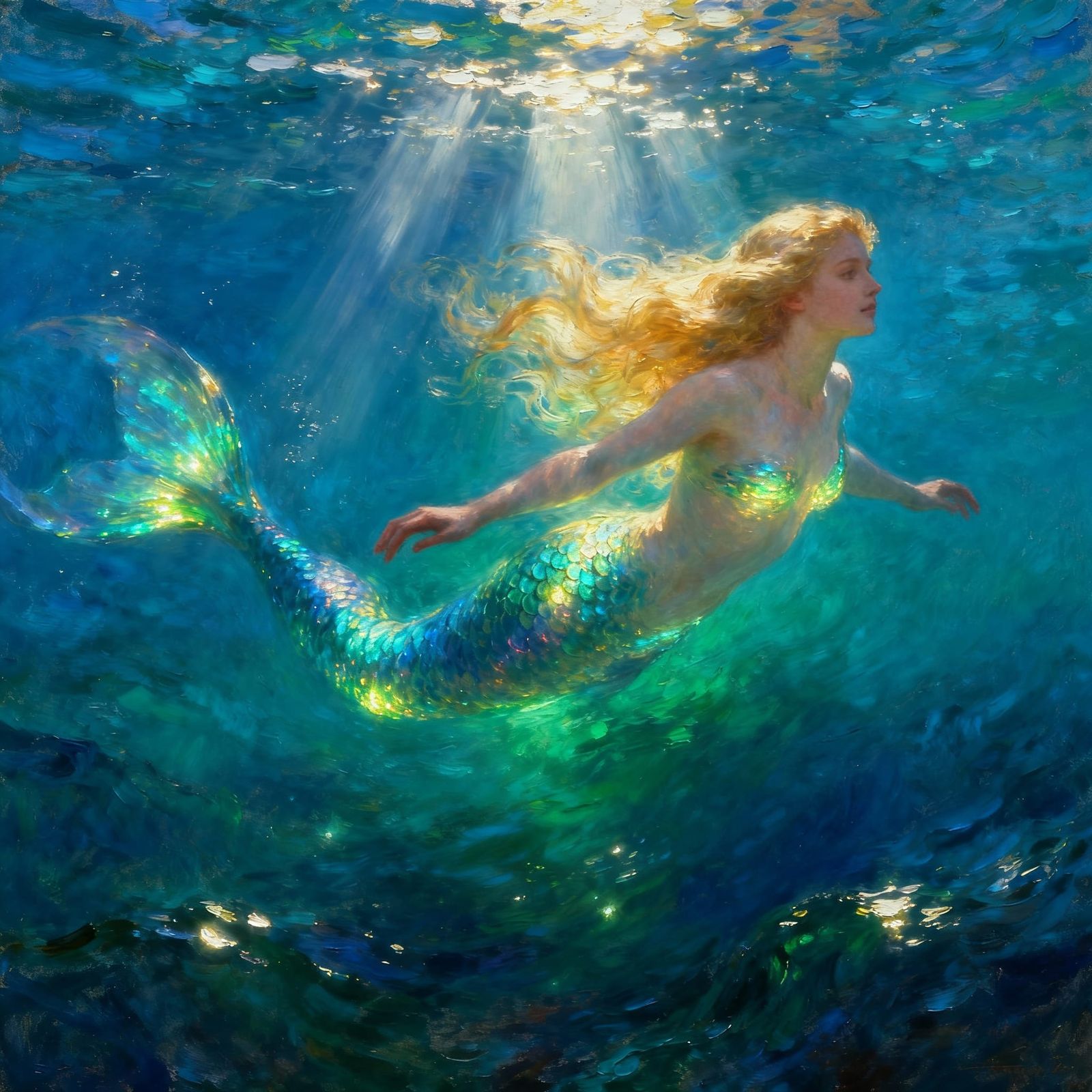 Ethereal Mermaid Portrait in Classical Oil Style