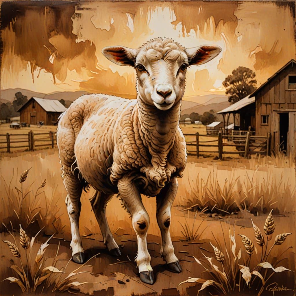 Coffee-Painted Lamb in Farm with Sepia Tones