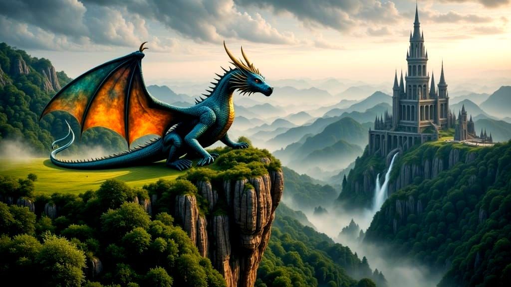 Ethereal Landscape with Dragon Flight in Abstract Reality