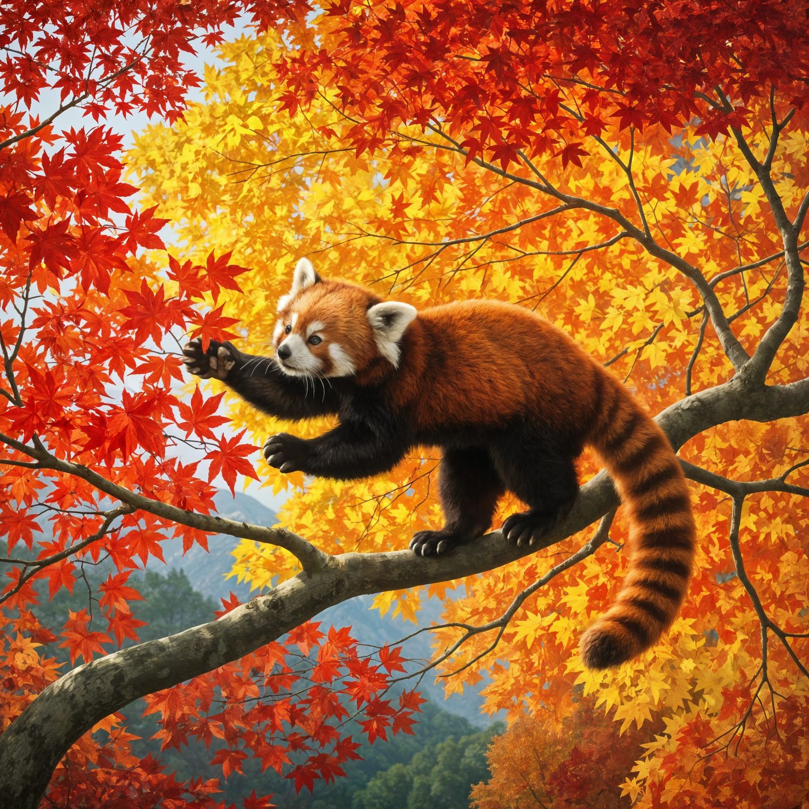 Red Panda Among Autumn Maple Leaves in Naturalist Style