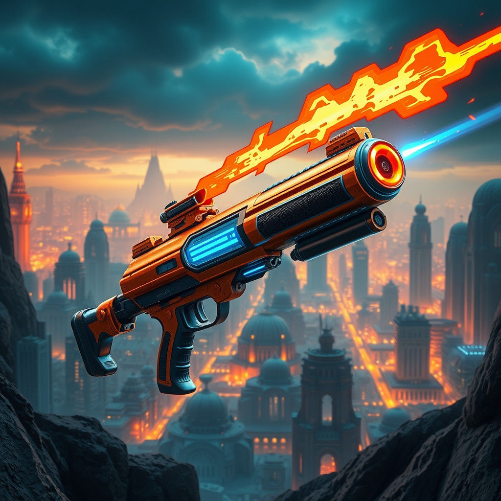 Detailed Fire Blaster in a Futuristic Cityscape