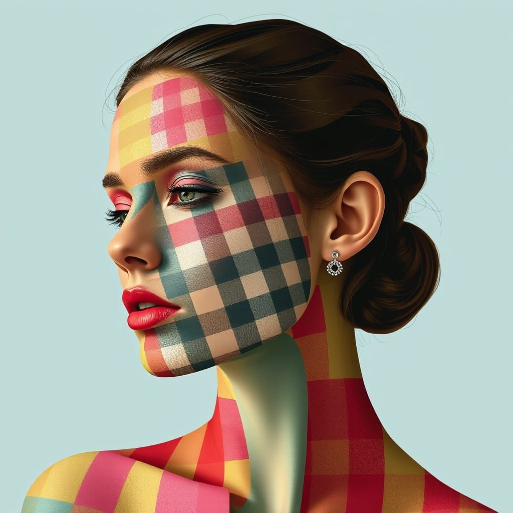 Woman with Vibrant Gingham Skin in Surrealist Style