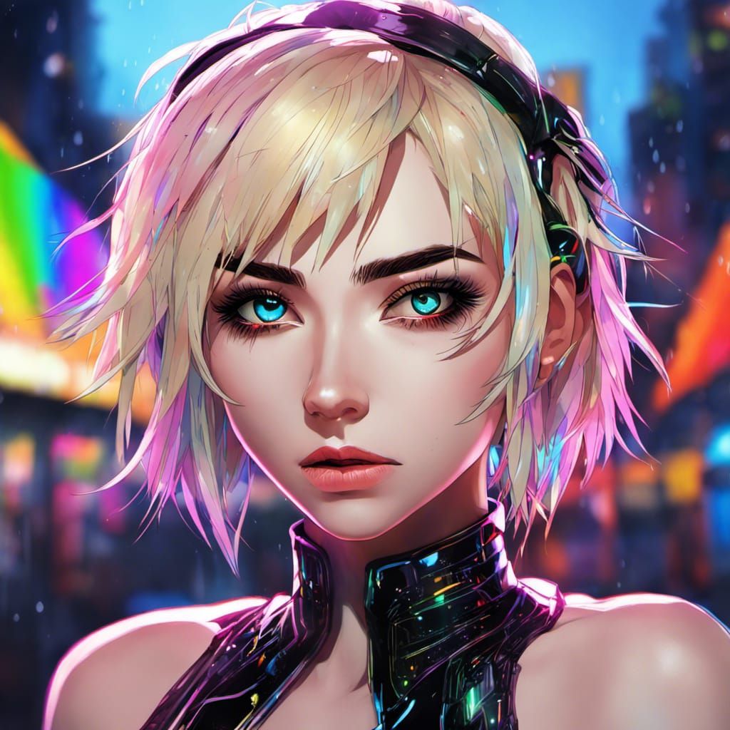 Raver Goth Woman in Neon City, Anime Portrait