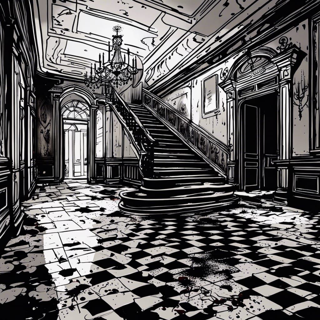 Bloodstained Victorian Foyer in Black and White