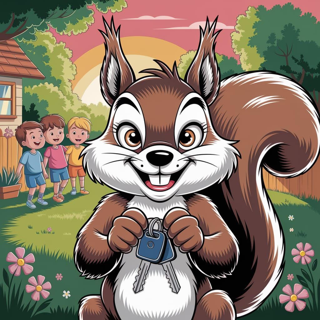 Squirrel Steals Keys in Whimsical Children's Illustration