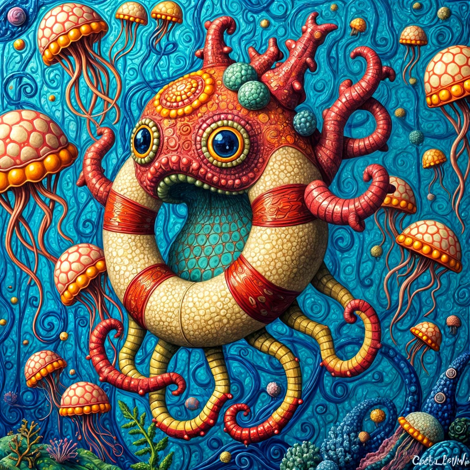 Surreal Hybrid Lifebuoy Sea Cucumber Jellyfish Artwork
