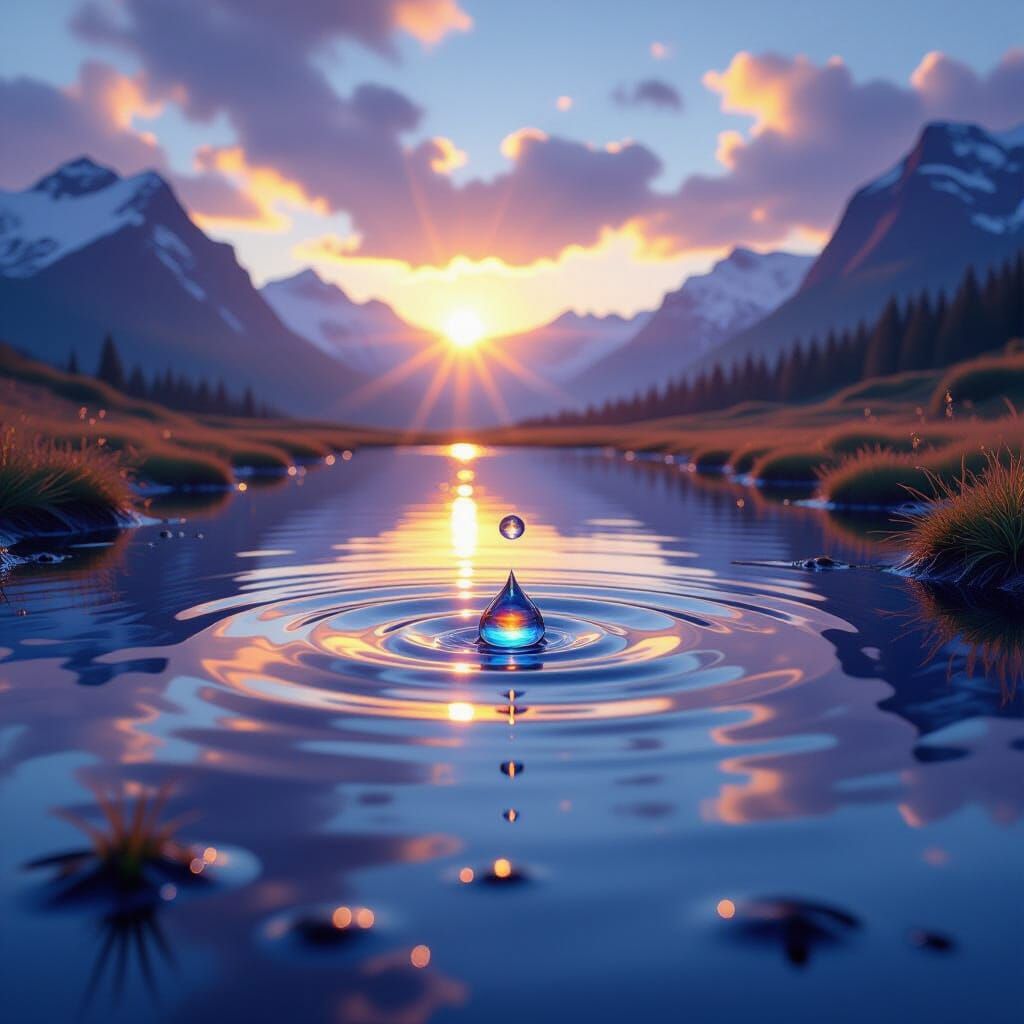 Dreamlike Majestic Landscape with Floating Water Droplet