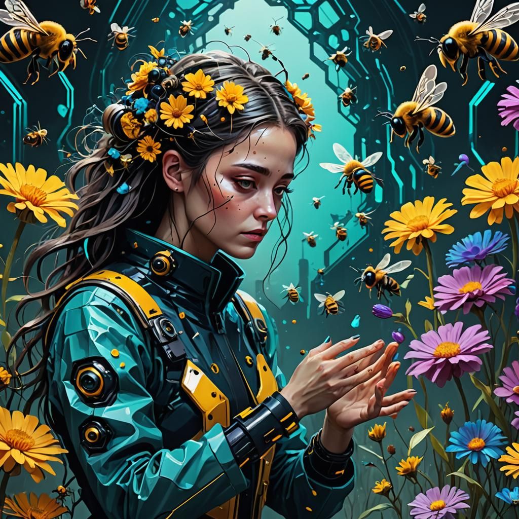 Woman and Bees Creating Flowers in Cyberpunk Style