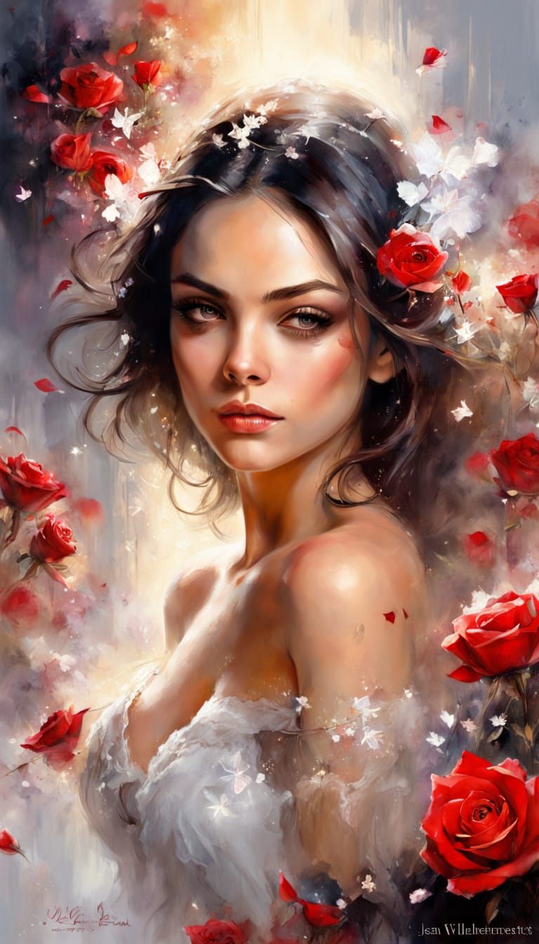 Mila Kunis Portrait with Magical Roses in Watercolor Style