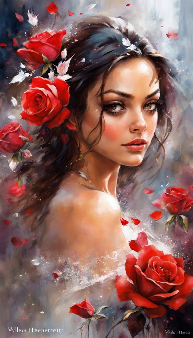 Mila Kunis Portrait with Magical Red Roses