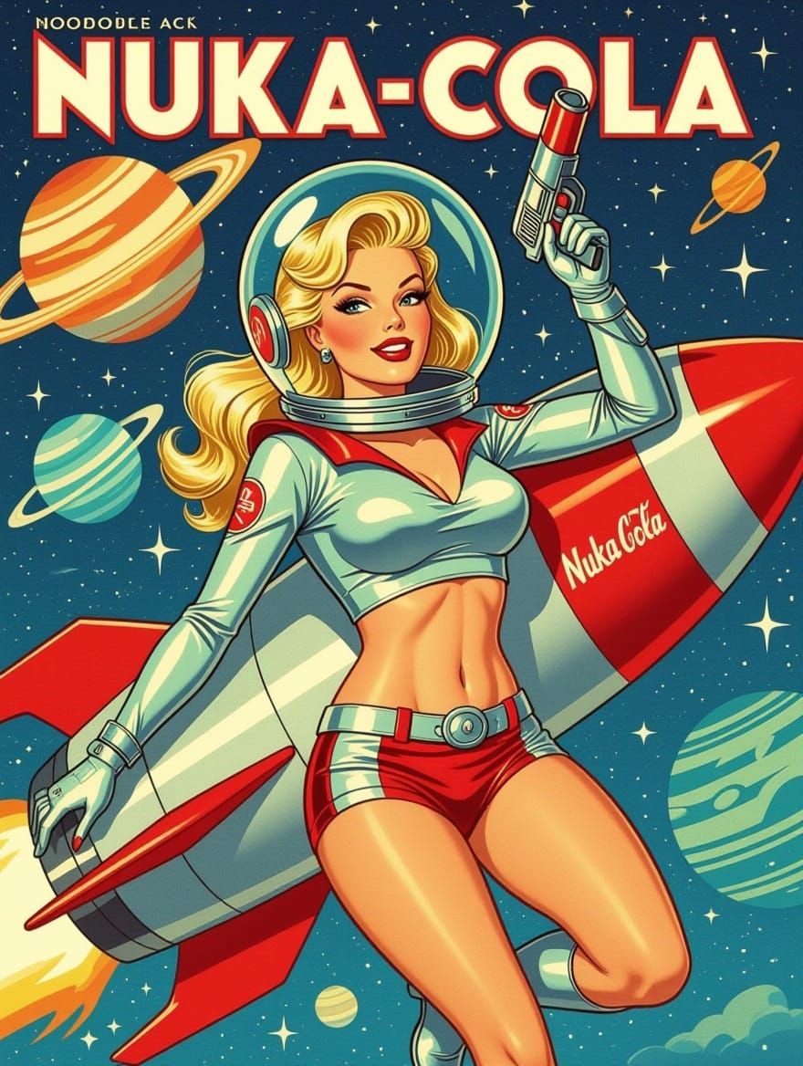 Blond Bombshell Space Girl in Retro-Futuristic Nuka-Cola Ad
