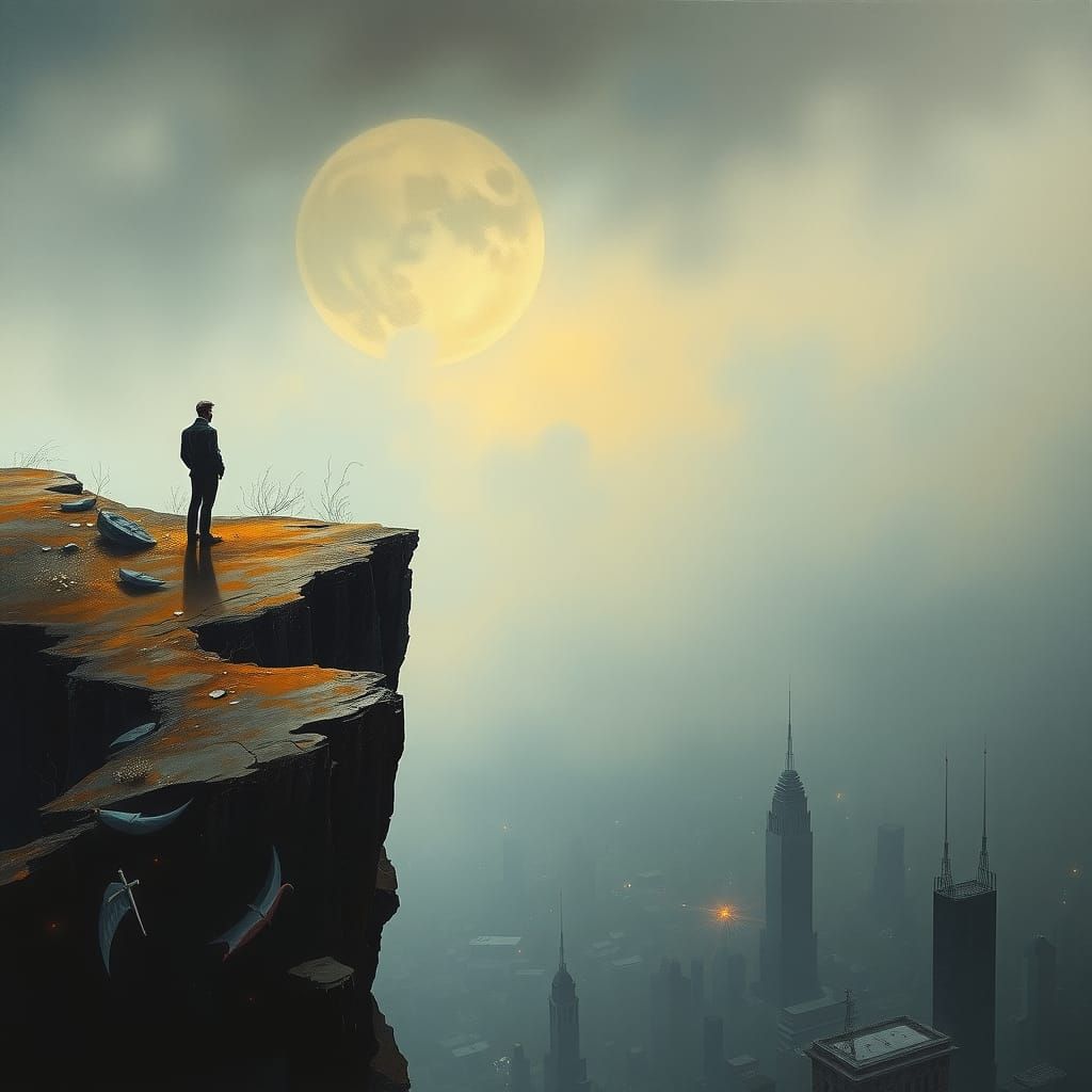 Surreal Cliffside Figure in Dark Fantasy Landscape