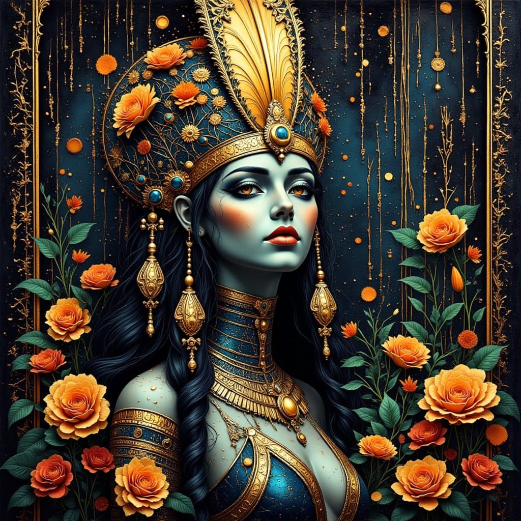 Egyptian Queen Amidst Distorted Garden in Neon Gothic Style