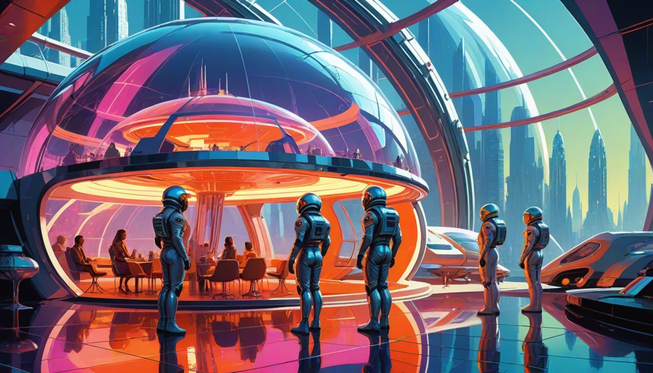 A 1950s-inspired retro-futuristic space colony on Mars, smoo...