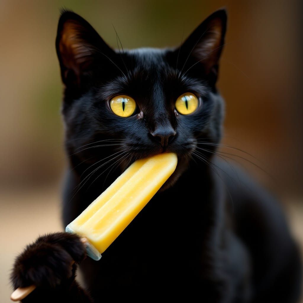 Black Cat Enjoys Lemon Popsicle: Professional Photography