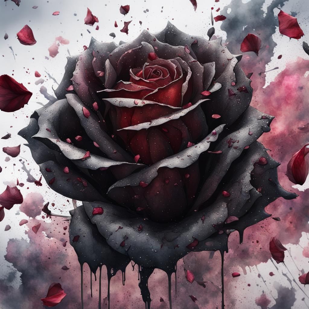 Shattered Black Rose in Watercolor and Ink