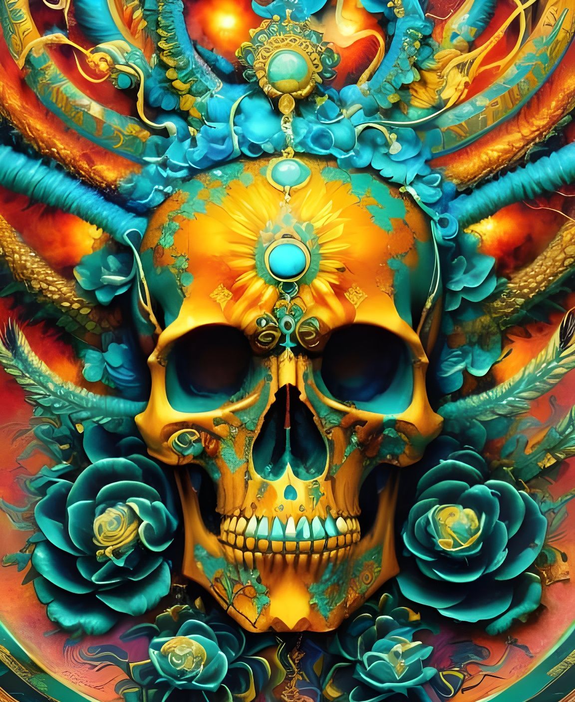 Cosmic Skull Explosion in Maximalist Style
