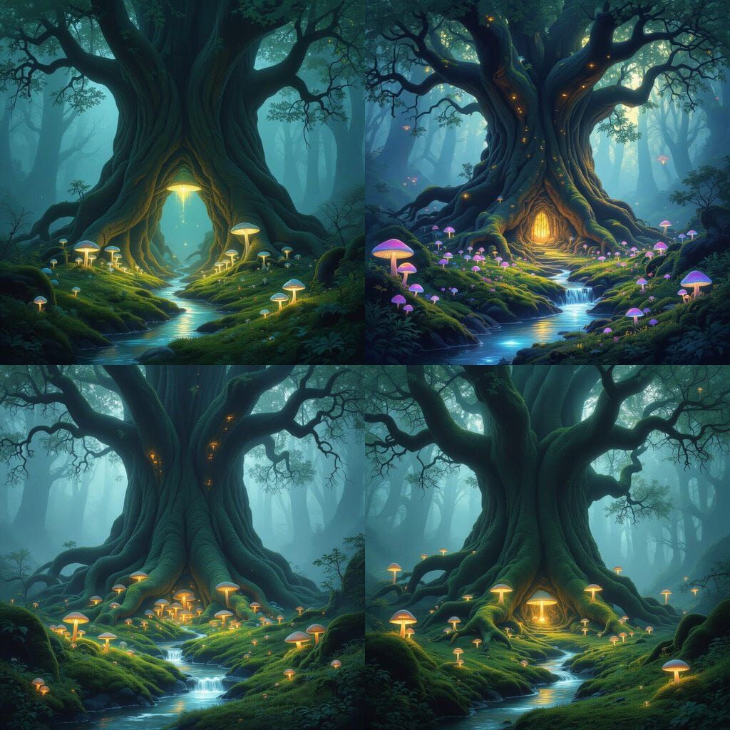 Ancient Tree in Misty Forest with Ethereal Glow