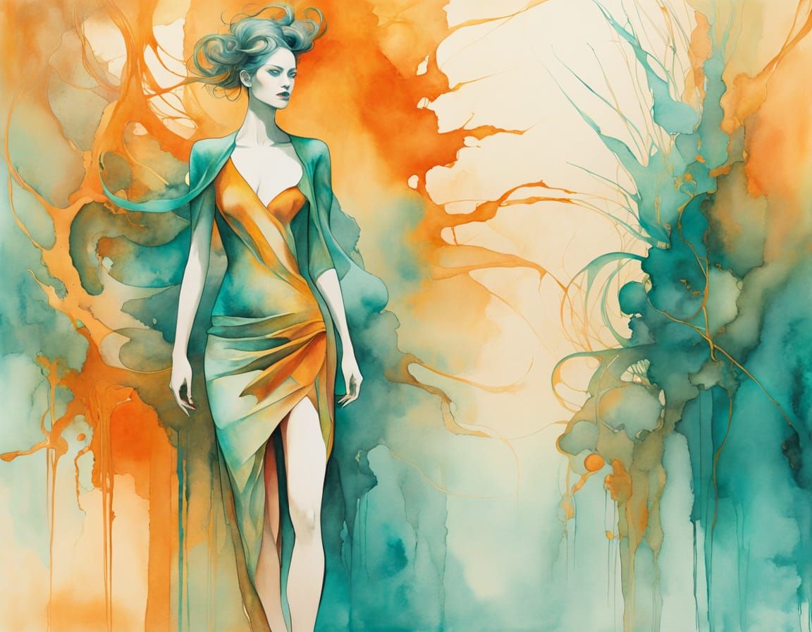 Surreal Fashion Illustration of a Dystopian Woman in Etherea...