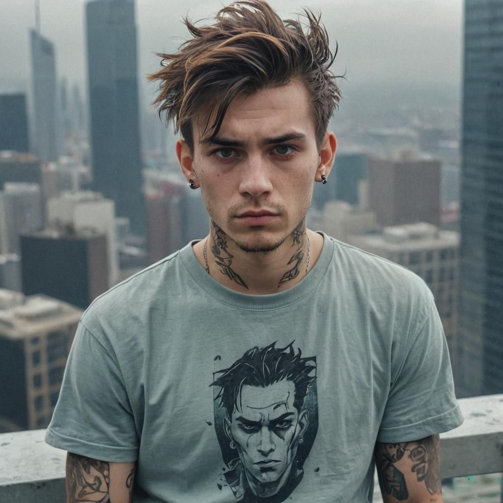 Mysterious Man on Skyscraper Edge in Graphic Novel Style