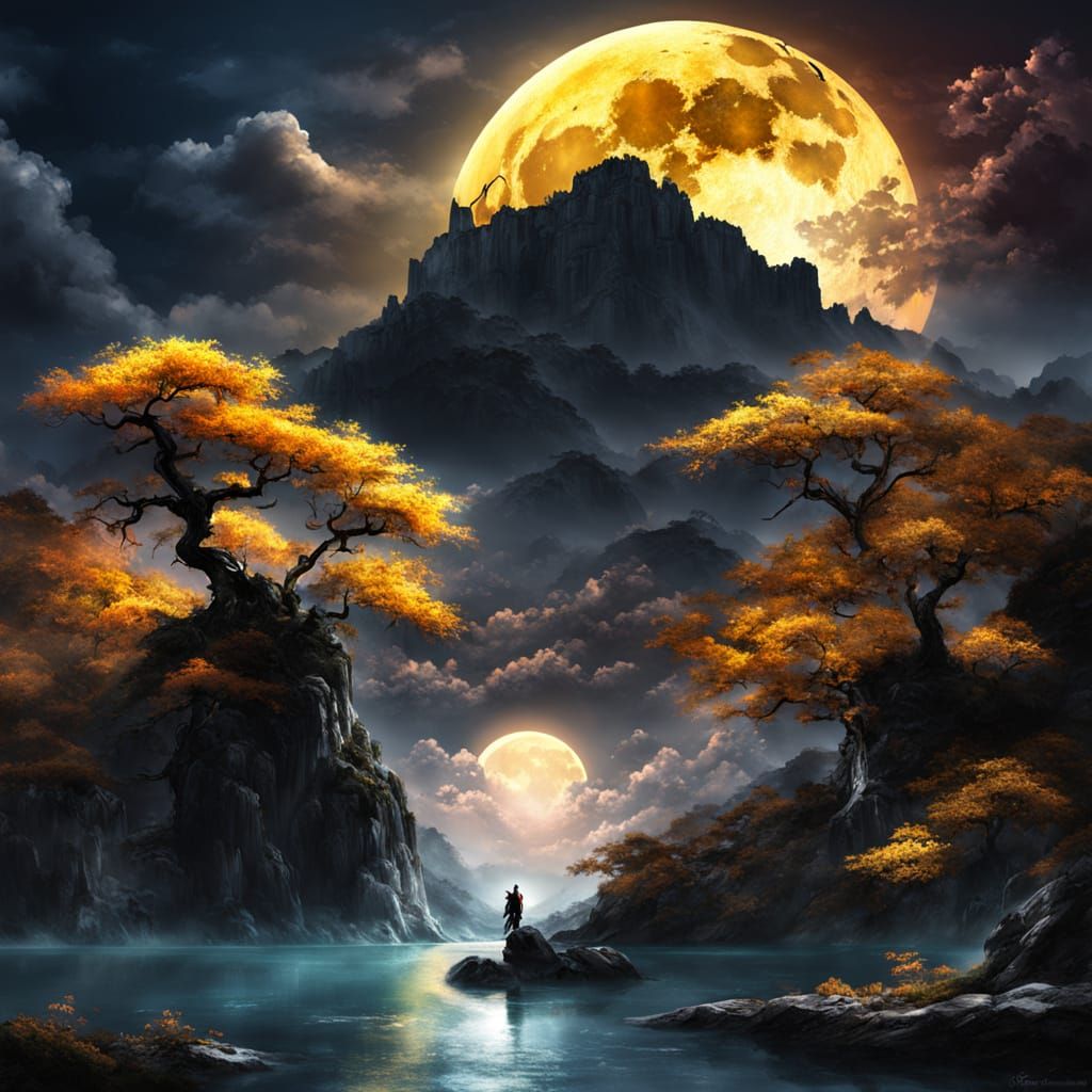 Golden Moon Eclipse Over Black Sakura Lake