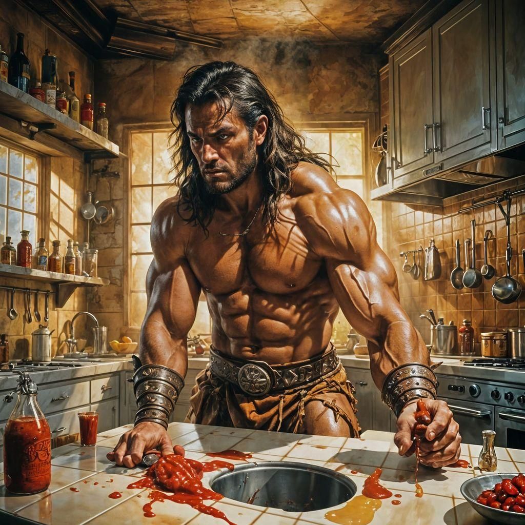 Barbarian vs. Ketchup: A Humorous Kitchen Scene