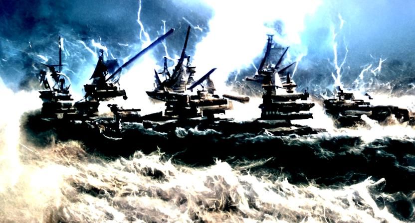 Ancient Battleships Clash in Stormy Seas