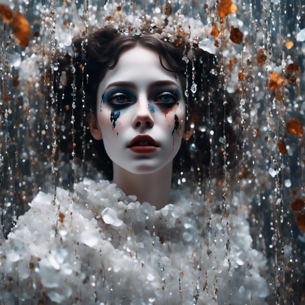 Pierrot Woman Behind Shattered Glass in Pastel Inks