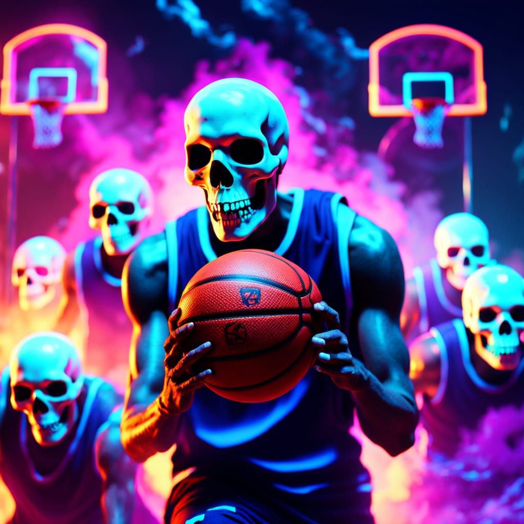 Surreal Neon Ghosts Play Basketball with Skull
