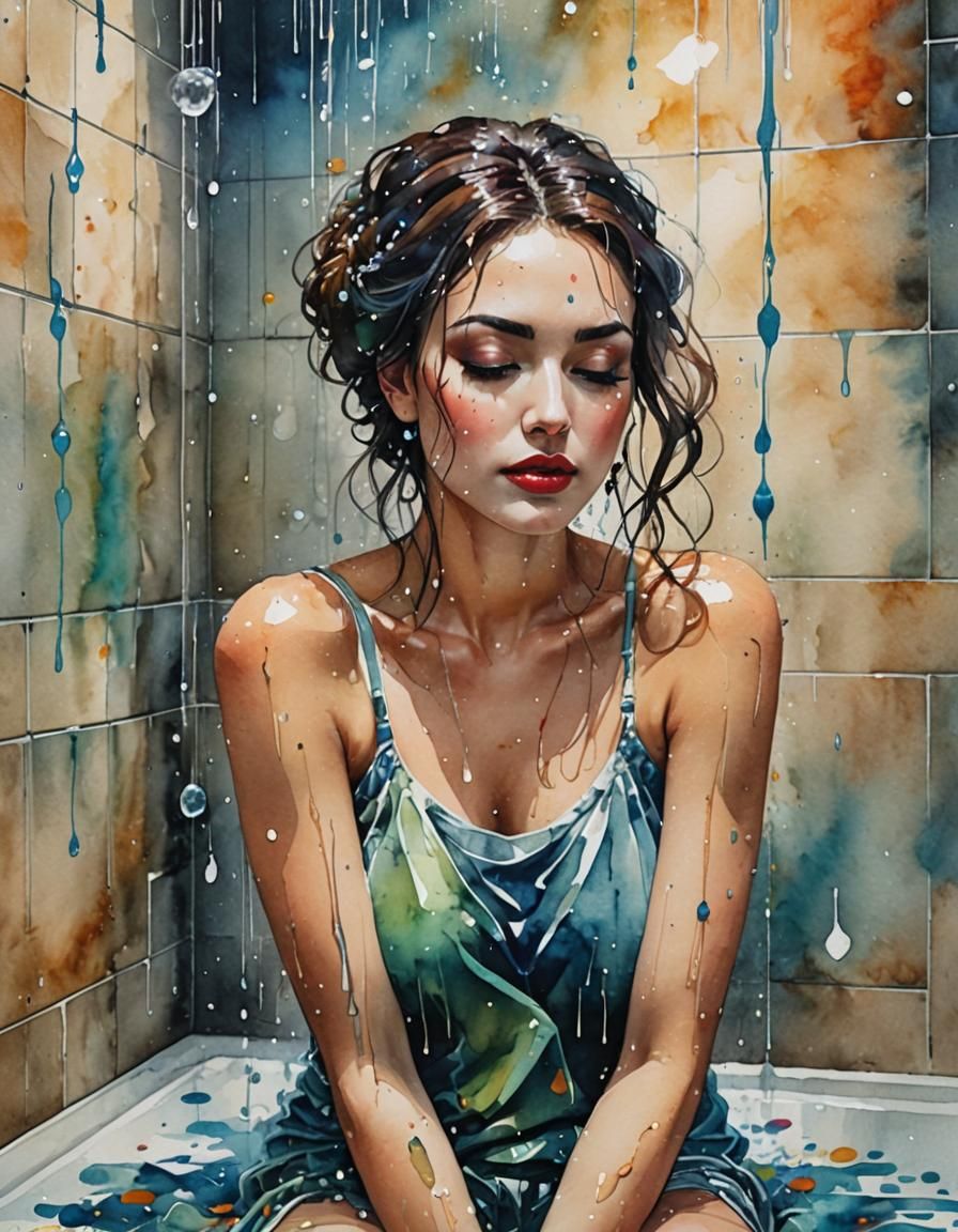 Woman in Shower: Maximalist Watercolor Oil Masterpiece