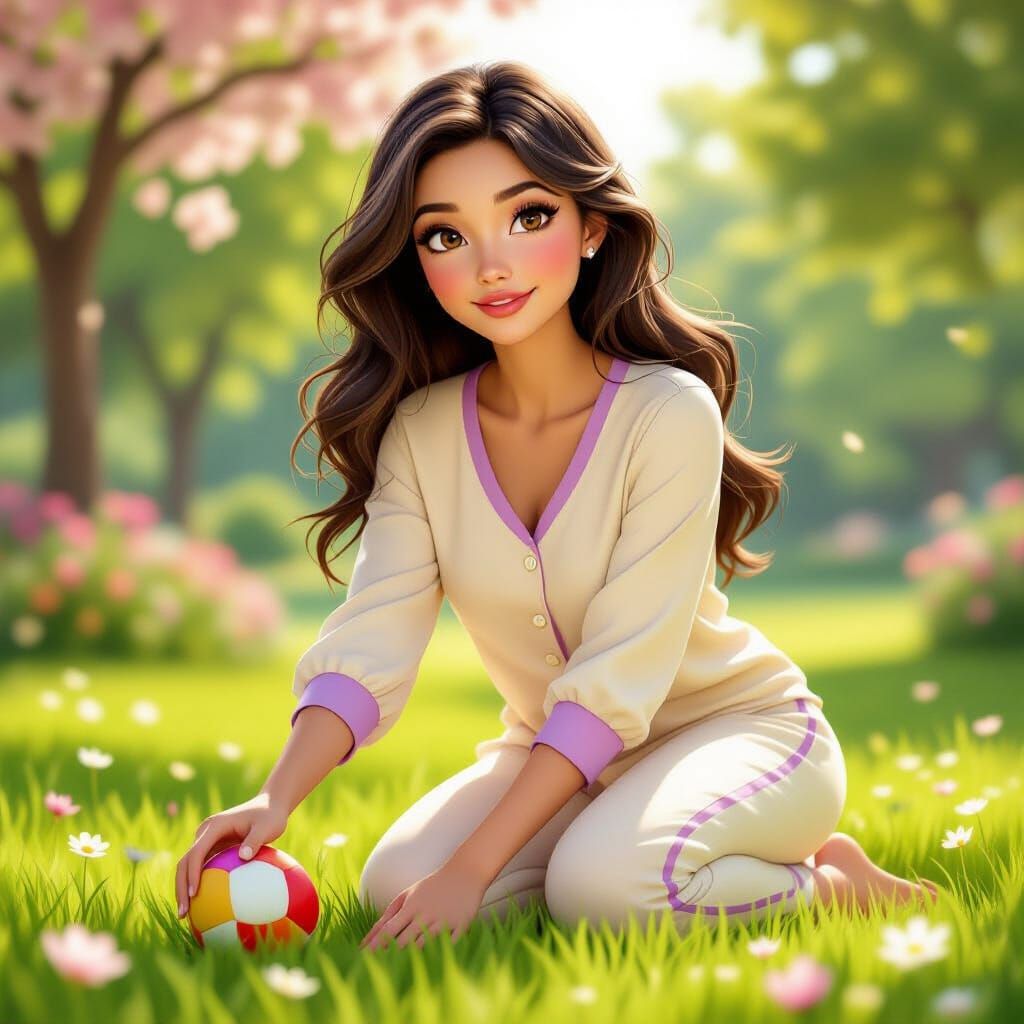 Elegant Woman Picking Up Ball in Sunny Park