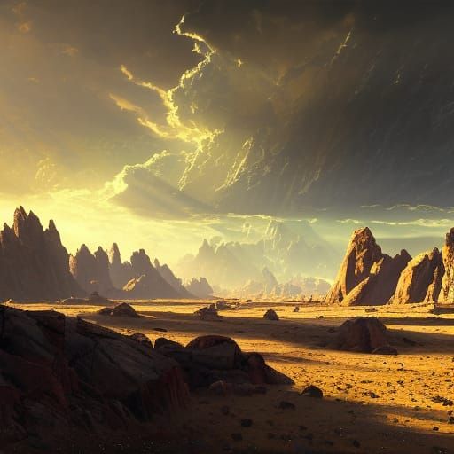 Surreal Wasteland Meadow with Mayan Architecture