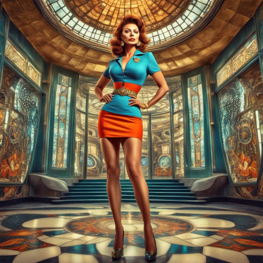 Retro Sci-Fi Pinup Girl in Art Nouveau Style