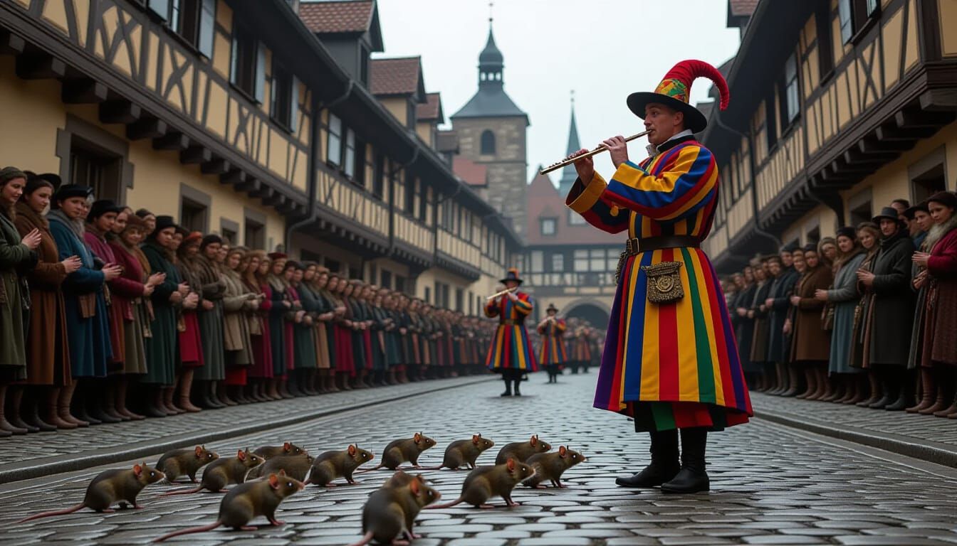 (Style of Photo): Dynamic action shot of the Pied Piper, (Im...